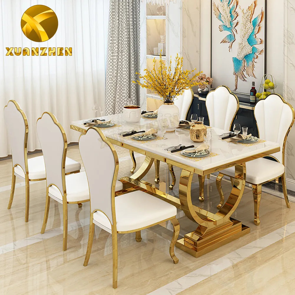 Foshan furniture marble dining table set restaurant gold metal luxury dining table with 6 chairs for sale